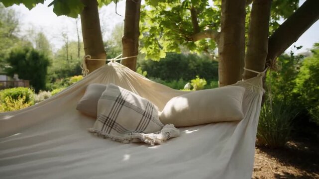 Pov dynamic shot of hands unfurling a lightweight cotton hammock, then tossing a couple of linen pillows and a thin throw onto it, concept of preparing the perfect rest spot