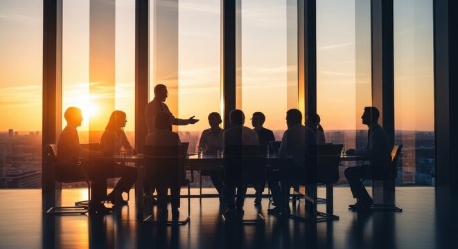 Business team members gather for a discussion during a bright sunset overlooking a large metropolitan area.