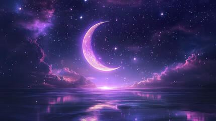 Obraz premium Mystical crescent moon glowing in purple night sky with stars and clouds reflecting on calm ocean water, creating magical and serene fantasy space atmosphere