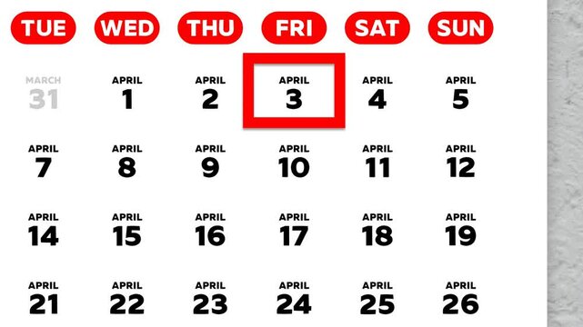 The date April 3rd marked with a red cursor on the wall calendar 2026