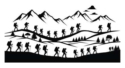 Naklejka premium A line of silhouetted hikers walks along a mountain path landscape