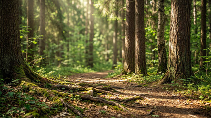 Naklejka premium Tranquil forest path bathed in soft sunlight, winding through tall trees and vibrant green mossy undergrowth.