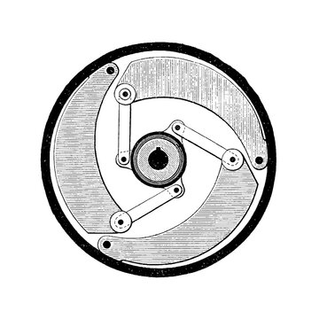 Centrifugal brake, circular mechanical safety device with gears, levers, and intricate centrifugal weight mechanism, old vintage illustration, 1897.