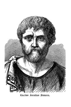 Lucius Annaeus Seneca, bearded Roman philosopher and statesman, textured hair, detailed garment, inscribed portrait, old vintage illustration, 1880.