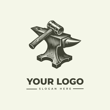 A vintage-style illustration of a hammer resting on an anvil with a placeholder for a logo and slogan in a woodcut style against a clean background.