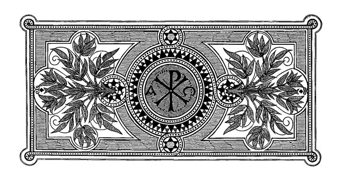Decorative panel with Chi Rho symbol, intricate geometric patterns and symmetrical floral motifs, black-and-white ornamental design, old vintage illustration, 1880.