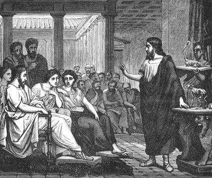 Claudius Galenus as a teacher of anatomy in Rome, bearded man in robes addressing a seated group, intricate architectural backdrop highlighting scholarly setting, old vintage illustration, 1880.