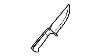 Obraz premium Detailed monochrome outline of a robust survival knife featuring a serrated edge and sharp point