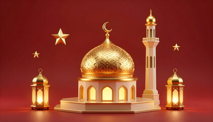 Obraz premium Golden Islamic mosque with minaret, lanterns, and stars on a red background