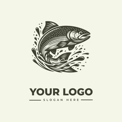 Fototapeta premium A vintage engraving-style illustration of a jumping fish with waves, accompanied by a logo and slogan text on a clean white background.