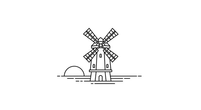Minimalist line art illustration of a classic windmill at horizon during sunrise or sunset.