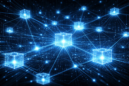 Abstract Futuristic Network of Glowing Blue Cubes Connected by Light Lines, Representing Data Transfer and Digital Technology