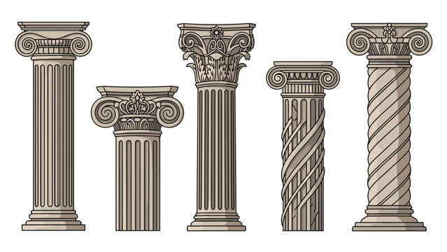 Ancient architectural column styles collection featuring Doric Ionic Corinthian and other ornate pillar designs on white background.