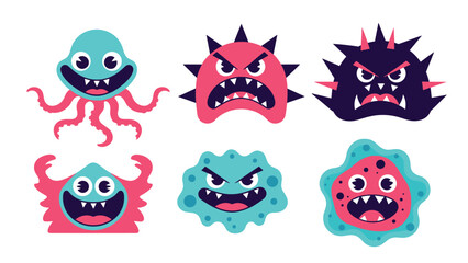 Fototapeta premium Collection of six colorful and expressive cartoon monster characters with angry faces suitable for game design or health graphics.