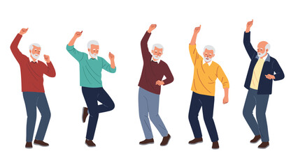 Obraz premium Group of active elderly men showing their vitality by dancing with joy and enthusiasm in various energetic and fun poses.
