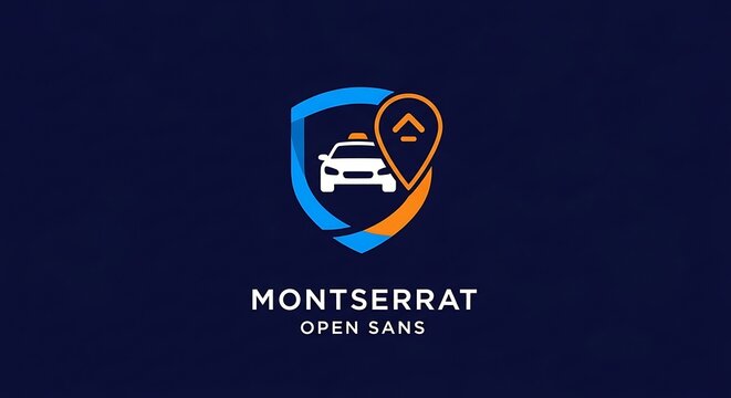 A stylized logo features a car within a shield, incorporating a location pin and up arrow, set against a dark blue backdrop