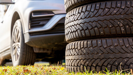 Winter tires for a car before changing from seasonal to summer tires © I
