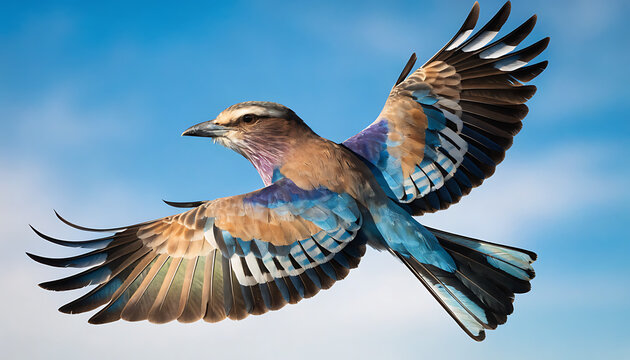 Lilac breasted roller bird flying in blue sky with iridescent feathers spread wings nature wildlife