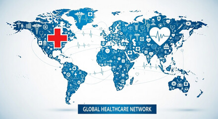 Global healthcare network concept with world map and medical symbols on blue background