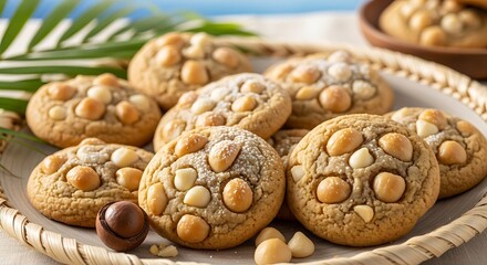 Delicious cookies with nuts on plate.