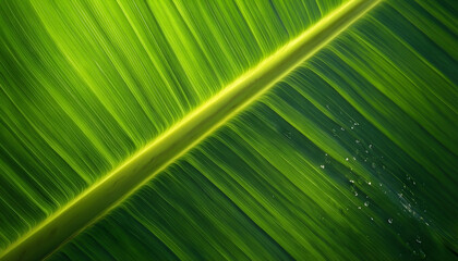 Obraz premium Close-up macro shot of a vibrant green banana leaf with visible veins and water droplets