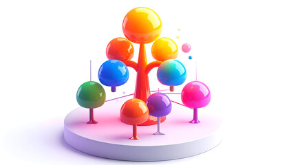 Colorful tree structure 3D render on white platform; abstract vibrant art design
