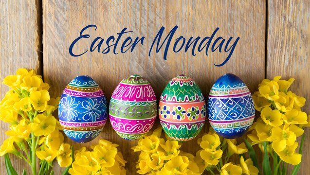 Celebrating easter monday with colorful decorated eggs and yellow flowers
