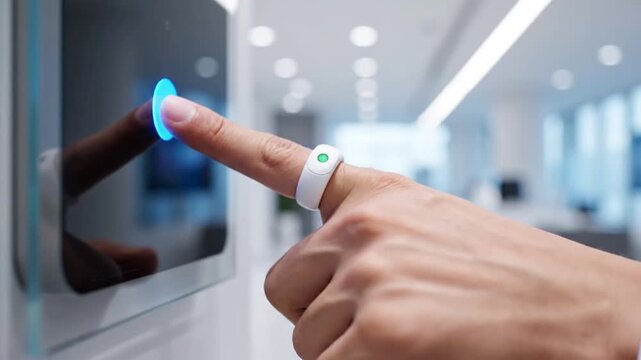 Person Using Smart Ring to Access Control Panel.