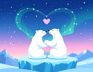 Fototapeta premium Polar Bears Heart Aurora Sky
