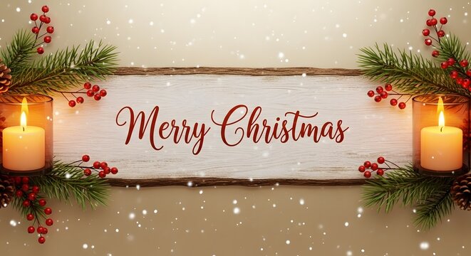 Merry Christmas sign with candles and pine