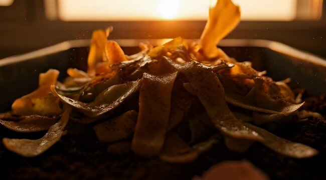 Close up of composting food waste into a kitchen compost bin, with organic vegetable scraps falling onto soil in warm sunset light.