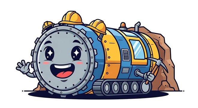 Happy cartoon mining train character smiling.