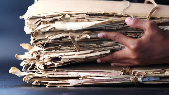 Hands stack old dusty documents and files tied with rope