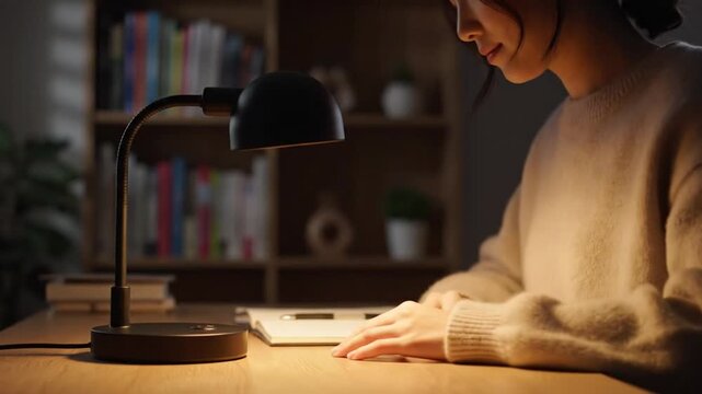 Person Working at Desk with Desk Lamp.