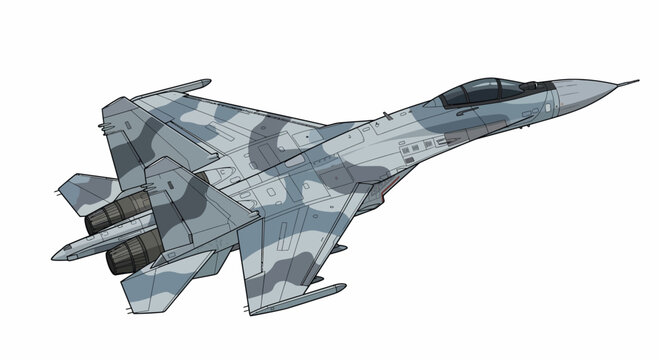 Military aircraft flying through the atmosphere with camouflage, viewed from the side