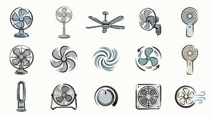 A diverse collection of fan illustrations, showcasing various types from oscillating floor fans to ceiling fans and personal handheld devices. © Renald