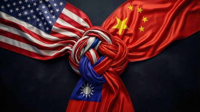 Complex knot featuring flags of USA China and Taiwan for regional tension and trilateral diplomacy concept