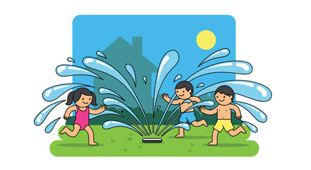 Naklejka premium Three happy children two boys and a girl are energetically playing and running through a water sprinkler on a vibrant green lawn with a house in the background, Generative AI.