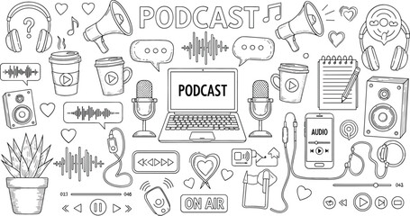 Podcast Doodle Vector Set with Microphones, Headphones, Laptop, Megaphone, Audio Waveforms and Broadcasting Elements