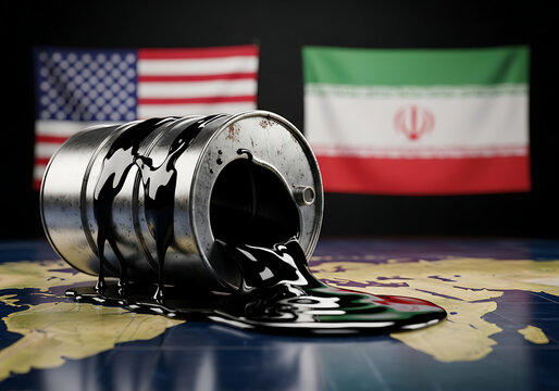 International oil crisis depicted through a spilling barrel on a world map with influential national flags in the background