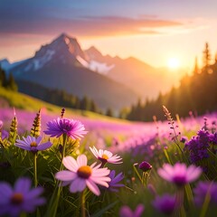 Fototapeta premium A serene mountain landscape with vibrant purple flowers at sunset