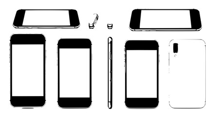 Phones set with various models and components in black and white featuring smartphones, mobile devices, technology with © MSTSHIWLY