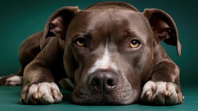 Close up portrait of a brown and white pitbull dog lying down looking directly at the camera against a dark green studio background