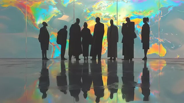 Silhouetted individuals pondering chromatic world map unveiling global perspectives and connections in futuristic ambiance