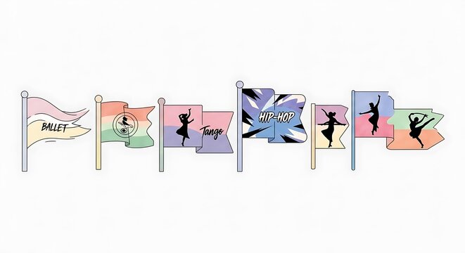 Stylized flags with silhouette dancers and dance style names. Each flag is a different pastel color and represents a dance