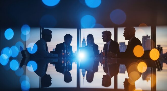 Business professionals collaborate during a late meeting illuminated by screen light and city bokeh effects