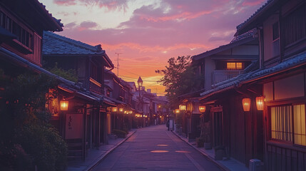 Fototapeta premium Traditional Japanese street at sunset with warm glowing lanterns and wooden houses under colorful sky, creating peaceful and nostalgic atmosphere