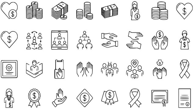 Charity donation icons set collection vector illustration graphic design elements on a white background for fundraising campaigns