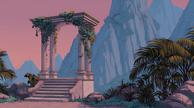 A classical ruin with columns and steps, lush vegetation, and mountains in the background, all bathed in warm sunset hues