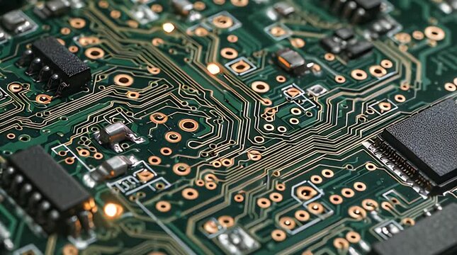 A close-up shot of a green printed circuit board with gold traces and various electronic components. The board is intricate and detailed